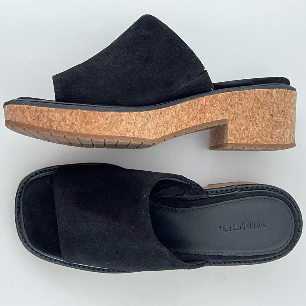 VINCE Suede Cork Heel Mules